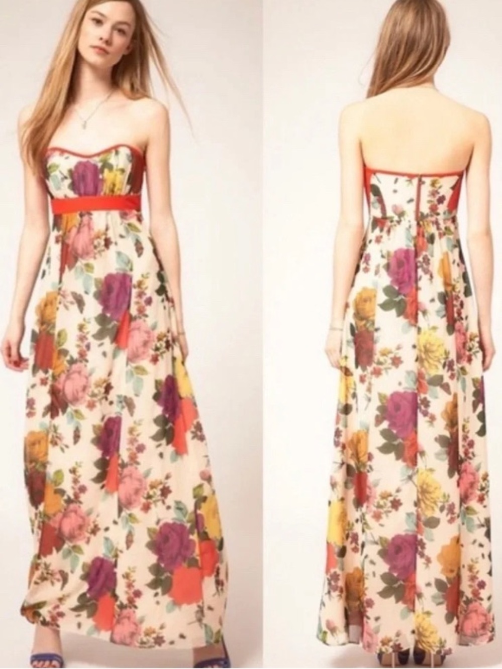 Ted Baker London Floral Strapless Chiffon Maxi Dress, size 1/S